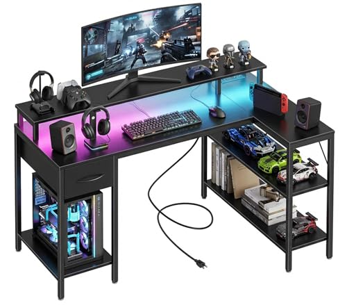 Alpen L Shaped Gaming Desk, 47 Inch Computer Desks with Drawers, Corner Desk Gaming Table with LED Lights & Power Outlets, Monitor Stand, Home Office Desk for Living Room, Bedroom, Black - color: Black, size: 47 Inches with LED Lights