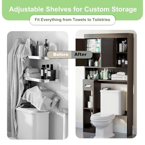 Over The Toilet Storage Cabinet with 7 Shelves, Imitation Walnut Grain Above Toilet Bathroom Organizer with Toilet Paper Holder Stand, Space Saver for Restroom, Laundry, Bathroom (Espresso) - color: Espresso