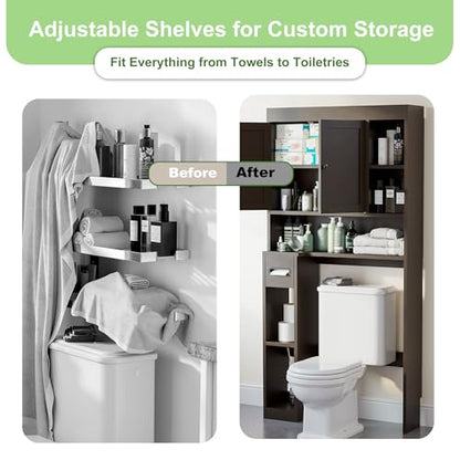 Over The Toilet Storage Cabinet with 7 Shelves, Imitation Walnut Grain Above Toilet Bathroom Organizer with Toilet Paper Holder Stand, Space Saver for Restroom, Laundry, Bathroom (Espresso) - color: Espresso