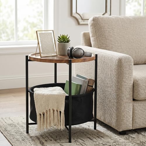 danpinera Side Table with Wood Removable Tray, Nightstand with Basket | Small Round Table for Small Space, Living Room, Bedroom, Nursery, Modern Accent Stand with Serving Tray, Walnut - color: Walnut