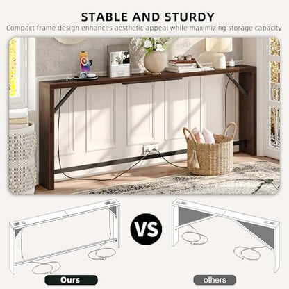 TIQLAB Sofa Table, 79 inch (1.2'' Thickness) Long Console Table Behind Couch, Narrow Entryway Table with Angled Metal Frame, Industrial Console Table, Black Walnut - color: Black Walnut, size: 79''L x 5.9''W x 31.5''H
