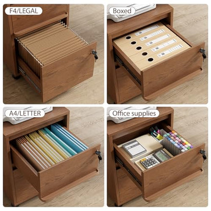 KungFuWood Wheeled Double-Drawer Filing Cabinet, Lockable Mobile File cabinets, Suitable for Home Offices or Storage cupboards for Storing Legal documents or Letter-Sized Files.