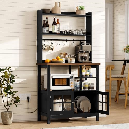 ChooChoo Farmhouse Coffee Bar Cabinet with Storage, Bakers Rack with Power Outlets, Microwave Stand Kitchen Cabinet with Hutch and 6 Hooks, Black - color: Black
