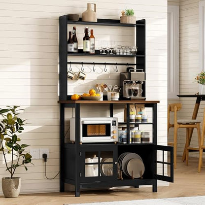 ChooChoo Farmhouse Coffee Bar Cabinet with Storage, Bakers Rack with Power Outlets, Microwave Stand Kitchen Cabinet with Hutch and 6 Hooks, Black - color: Black