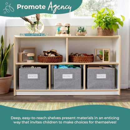 Guidecraft EdQ 5 Compartment Storage 24'' White with 3 Fabric Bins: Wooden Multi-Purpose Bookcase and Toy Organizers and Storage; Homeschool and Classroom Furniture - color: White