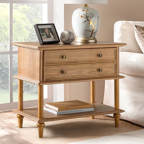 HULALA HOME Farmhouse Nightstand with Drawer & Open Shelf, Natural Wood End Table with Solid Wood Legs, 28.4'' Wide Sofa Side Table with Charging Station(Oak) - color: Oak