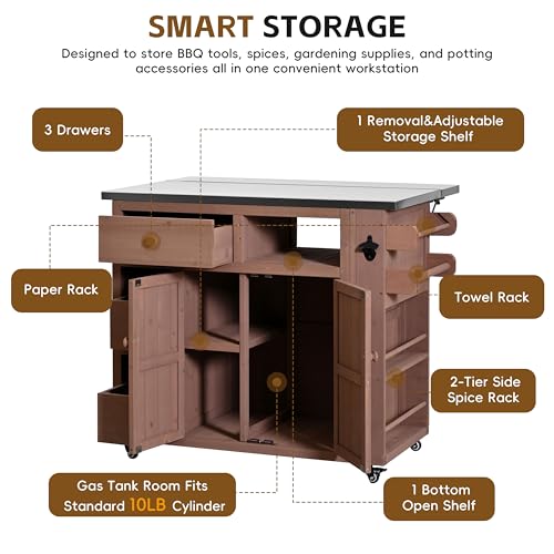 Outdoor Solid Wood Kitchen Island with Storage, 28" Extendable Stainless Steel Top Grill Cart, Rolling BBQ Prep Station with Drawers, Spice Rack, Towel Rack for Backyard, Patio, Camping - color: Brown