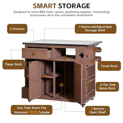 Outdoor Solid Wood Kitchen Island with Storage, 28" Extendable Stainless Steel Top Grill Cart, Rolling BBQ Prep Station with Drawers, Spice Rack, Towel Rack for Backyard, Patio, Camping - color: Brown