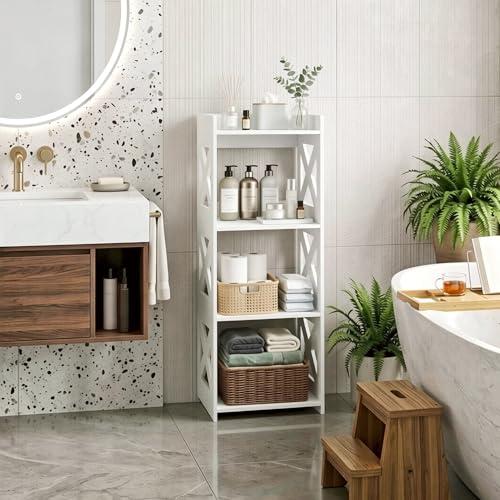 4-Tier Narrow Corner Bathroom Floor Stand, Waterproof PVC, White | Storage Shelf, Rack, Holder, Fits Tight Spaces, for Toilet Side, Laundry, Shower, Kitchen Spice Rack, Easy to Clean, 37”H - size: 4 Tier