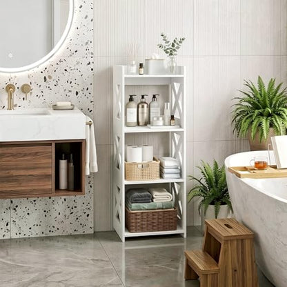 4-Tier Narrow Corner Bathroom Floor Stand, Waterproof PVC, White | Storage Shelf, Rack, Holder, Fits Tight Spaces, for Toilet Side, Laundry, Shower, Kitchen Spice Rack, Easy to Clean, 37”H - size: 4 Tier