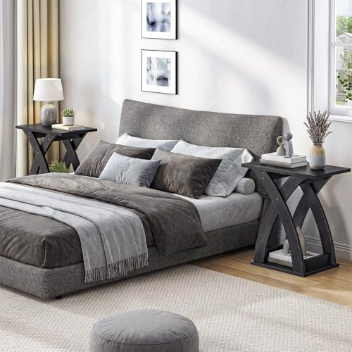 HOOBRO End Table Living Room Set of 2, Narrow Side Table for Small Spaces, Black 3 Tier End Table with Storage Shelf, X-Design Slim Nightstand Bedside Table, Living Room, Bedroom, Black BK356BZP201