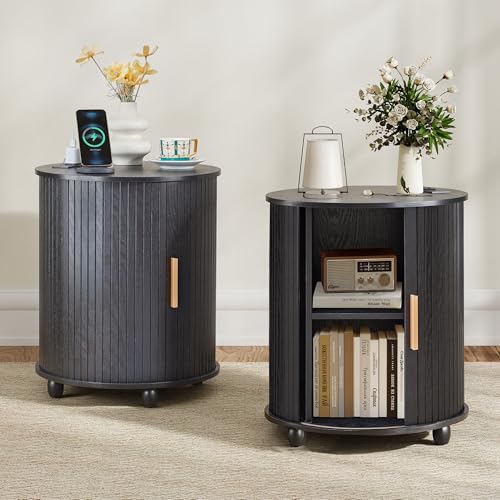 18 Inch Mid-Century Fluted Nightstand Set of 2, Modern Round End Table with Charging Station & Sliding Door, Wooden Small Narrow Bedside Table with Storage for Living Room, Bedroom (18 inch, Black) - color: Black, size: 18"-Round