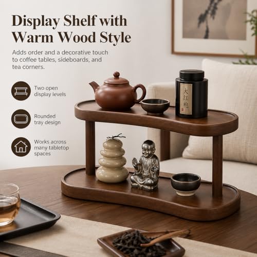 Adkoat® Two Tier Bathroom Desktop Countertop Organizer - Pine Wooden Perfume Vanity Stand Counter Shelf for Cologne Skincare Makeup Dresser Organizer - Matcha Station | Mug Display - 12.6 x 6.3 x 7.5