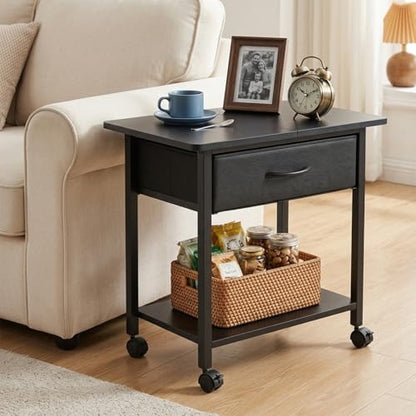 22" x 15" Under Desk Rolling Printer Stand, 2-Tier Industrial Mobile Printer Table with Strong Fabric Drawer, Storage Shelf, Steel Frame and Lockable Wheels, Printer Cart for Home Office (Black) - color: Black