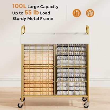 100L 2-Section Laundry Hamper with Wheels, Laundry Basket with Liner Bag | Lockable Casters; Divided Removable Liner; Reinforced Steel Frame; Metal Handle - color: Golden+White, size: 100L-2 Sections