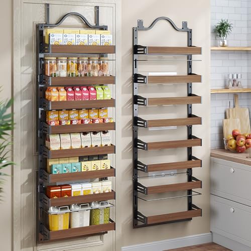 8-Tier Pantry Door Organizer, Over the Door Pantry Organizer with Wooden Adjustable Baskets, 2 IN 1 Spice Rack Wall Mount or Door Organizer, Door Spice Rack for Pantry（72.6×17.1×5.1in,Black) - color: Black-Brown, size: 8-Tier (17.1"W x 5.7"D x 72.6"H)