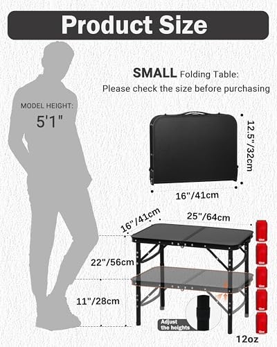 LOFTEY 2024 Reinforced Small Folding Table Portable, Small Foldable Camping Table, Heavy-Duty Mini Folding | Adjustable Height | Lightweight Premium Aluminum with Handle | Black 25"x16"x22" - color: Black