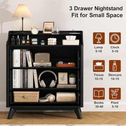 35" Large Night Stand Set of 2 with Charging Station, 3 Drawer Nightstand | Spacious Drawers, Pre-Installed Slide, Wood Bedside Table, Modern End Table, Nightstand for Bedroom Sofa Couch, Black - color: Black, size: Large (3 drawer)