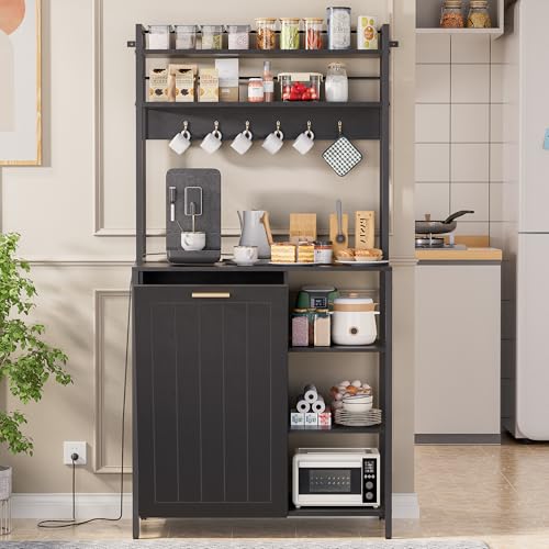 Kitchen Bakers Rack with Storage Shelf - 6-Tier Microwave Stand Oven Cabinet W/Tilting Trash Can Bin and Power Outlet, Farmhouse Thickened Coffee Bar Table Station W/6 Hooks&Adjustable feet - color: Black