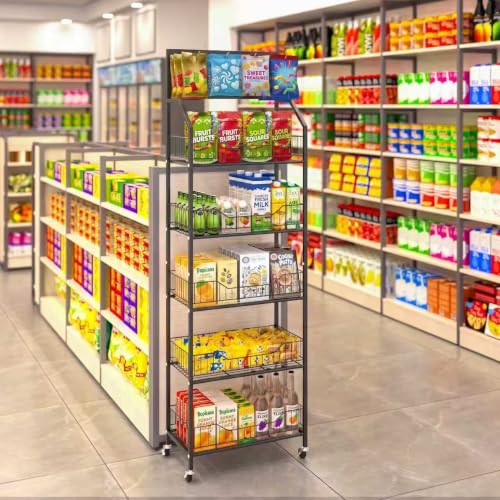 5 Tier Retail Storage Rack, Snack Rack Display Stand, Retail Display Organizer Shelves with Hooks & Wheels, Metal Snack Shelf for Store Home Kitchen, Black Chip Rack Display Stand (5 Tier) - size: 5 Tier（19.7inch）