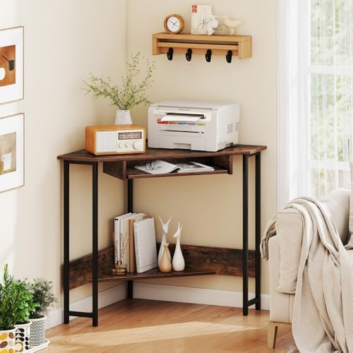 Giantex Small Corner Desk with Charging Station, Triangle Computer Desk with Keyboard Tray & Storage Shelf, Metal Corner Writing Desk for Bedroom, Small Space, Home Office, Black & Rustic Brown