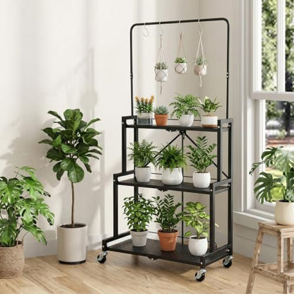 Foldable 4-Tier Plant Stand Indoor Outdoor Hanging Plant Shelf No Assembly Required Pot Placement Area With Wheels Sturdy Fall Prevention Storage Shelf Flower Pot Stand