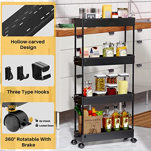 SPACEKEEPER Slim Rolling Storage Cart 4 Tier Bathroom Organizer Cart Mobile Shelving Unit Slide Out Utility Cart for Kitchen, Bthroom, Makeup, Craft, Laundry Narrow Places, Black - color: Black