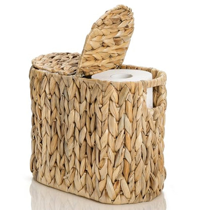 Toilet Paper Basket with Lid, Water Hyacinth 4 Rolls Toilet Paper Storage Basket, Narrow Slim Medium Paper Organizer for Bathroom