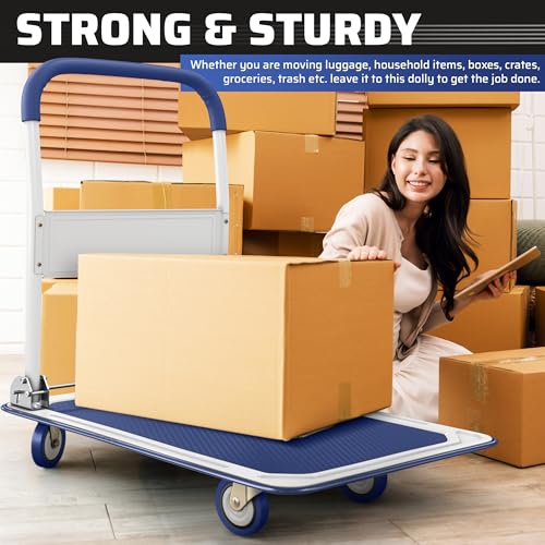 Heavy Duty Foldable Push Cart Dolly | 660 lbs. Capacity | Upgraded Collapsible Hand Truck Folding Platform with Swivel Wheels | Flat Bed Moving Wagon | Space Saving Push Handle (Blue) - color: Blue, 660 Lbs. Capacity