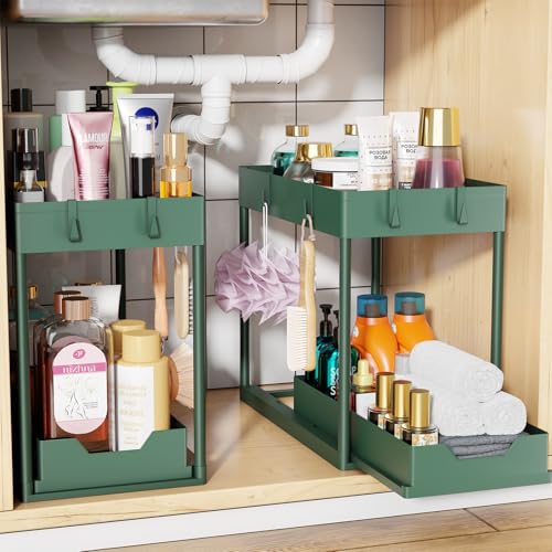 Simple Trending Under Sink Organizer 2 Pack, with Sliding Drawer, Green | 2-Tier Multi-Use Under Shelf Organizer with Hooks, Sink Pull-Out Sliding Storage Cabinet for Kitchen Bathroom, Easy Assembly - color: Green, size: 2 pack
