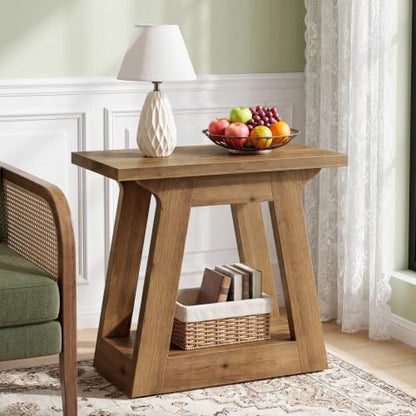 Solid Wood End Table, 23.6" Rustic Narrow Side Table for Living Room, Farmhouse Nightstand for Bedroom,Small Spaces, Brown
