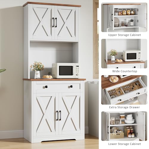 GarveeLife 71" Pantry Cabinet with Charging Station, Tall Kitchen Pantry Storage Cabinet with Microwave Stand, Large Farmhouse Kitchen Hutch with Cabinet Doors & Drawer for Living Room, Dining Room - color: White
