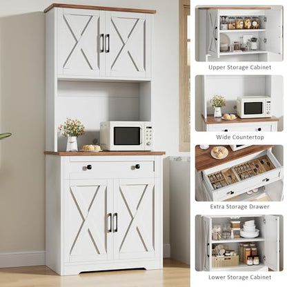 GarveeLife 71" Pantry Cabinet with Charging Station, Tall Kitchen Pantry Storage Cabinet with Microwave Stand, Large Farmhouse Kitchen Hutch with Cabinet Doors & Drawer for Living Room, Dining Room - color: White