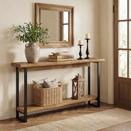 Solid Wood Live-Edge Console Table for Entryway, Farmhouse 63-Inch Narrow Long Sofa Table Behind Couch with Unique Shape, Heavy-Duty Metal Legs, Ideal for Foyer, Entrance, Living Room