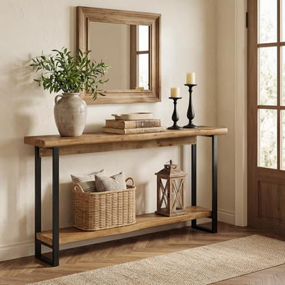 Solid Wood Live-Edge Console Table for Entryway, Farmhouse 63-Inch Narrow Long Sofa Table Behind Couch with Unique Shape, Heavy-Duty Metal Legs, Ideal for Foyer, Entrance, Living Room