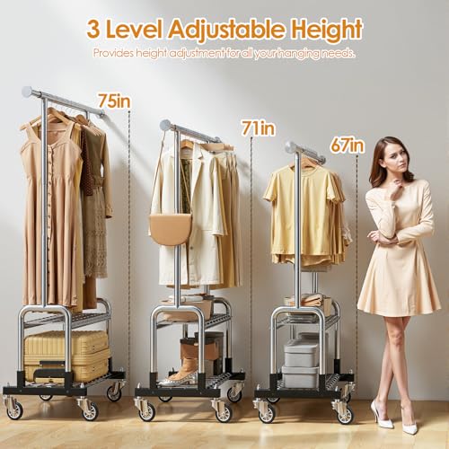 Luxspire Rolling Heavy Duty Clothes Rack with 2 Sturdy Shelves Load 600 LBS | Zinc-iron alloy frame, lockable silent wheels, adjustable extendable rods for bedroom and laundry room garment storage - color: Silver