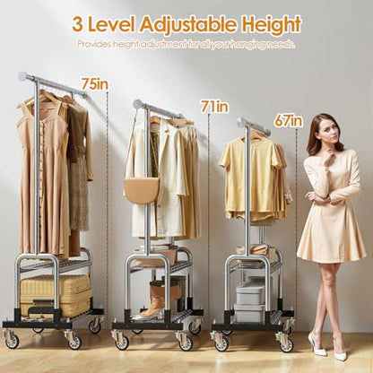 Luxspire Rolling Heavy Duty Clothes Rack with 2 Sturdy Shelves Load 600 LBS | Zinc-iron alloy frame, lockable silent wheels, adjustable extendable rods for bedroom and laundry room garment storage - color: Silver