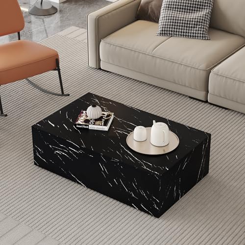 39" Rectangular Compact Coffee Table,Small Cube End Table,Modern Side Table with Stylish Faux Marble Pattern,Minimalist Accent Table for Living Room,Office,Apartment,Nightstand(Black,39") - color: Black,39.9"