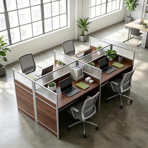 4-Person Office Cubicle Desks, Cubicle Desks Workstation with Mute Partitions & Cabinet, Office Cubicles Desk with Cable Management, Modular Computer Table for SOHO Home School Call Centers - color: Walnut-acrylic, size: 94.5 Inch