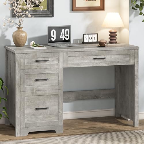 Halitaa Farmhouse 47" Executive Desk with File Drawer, Wood Computer Desk with 3 Storage Drawers, Workstation for Study, Writing, Home Office, Grey - color: Grey, size: without Charging Station