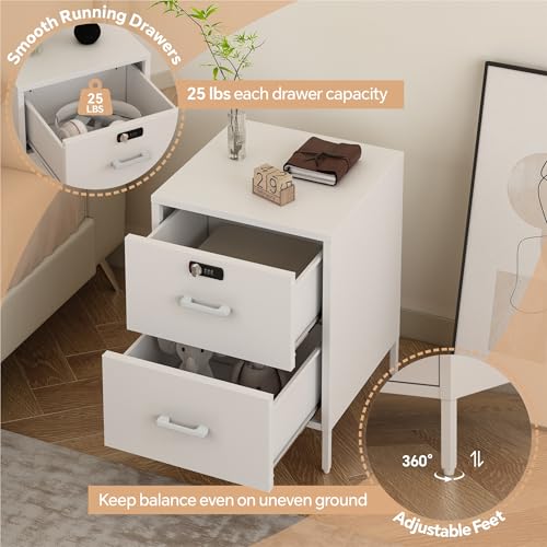 Steehoom Nightstand,2 Drawer Metal Locker End Table Lockable Bedside Table Storage Cabinet for Bedroom, Dorm, 21.26”H X 15.75”W X 15.75”D (2 Drawer, White) - color: White, style: 2 Drawer