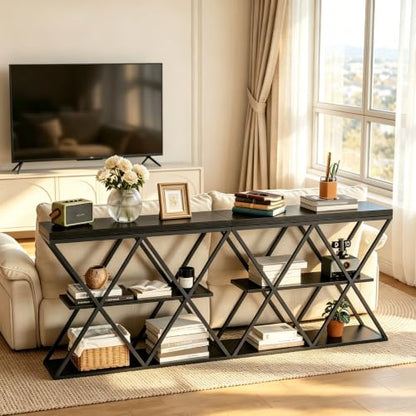 Garvee 3 Tier Console Table,39" Industrial Entryway Table,Open Wood Shelves | Sofa Table,Narrow Wood Accent Tables with Metal Frame for Hallway,Living Room,Behind Couch,Foyer,Entrance,Black - color: Black + X-shaped