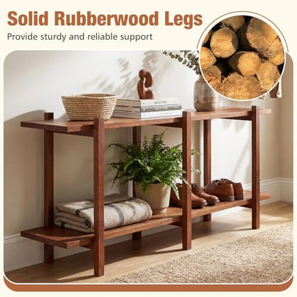 GOFLAME 2-Tier Wood Bookshelf, Mid-Century Modern Console Table with Storage Shelf, Solid Rubber Wood Legs, Horizontal Display Shelving Rack, Wooden Sofa Table for Living Room, Entryway, Walnut