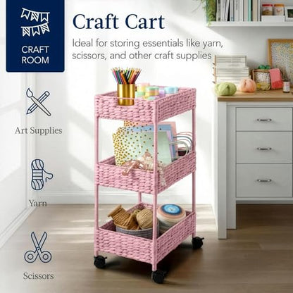 Best Choice Products 3-Tier Water Hyacinth Rolling Nursery Caddy w/Wheels, Utility Cart, Storage Organization for Bathroom, Craft Room, Laundry Room - Pink - color: Pink