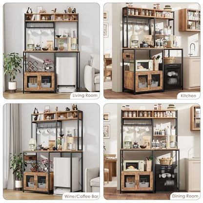 Garvee Microwave Stand with Fridge Stand Space, Industrial Kitchen Shelf with Power Outlet, Freestanding Kitchen Storage for Pantry Living Room, 47.2 x 19.7 x 68.1 Inches, Rustic Brown