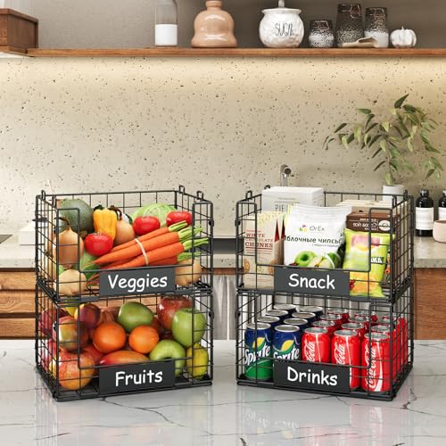 JKsmart 4 Pack XL Stackable Wire Baskets with Name Plates, Pantry Organizers and Storage - size: XL-12.2"x9.85"x28.65"