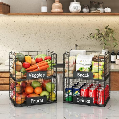 JKsmart 4 Pack XL Stackable Wire Baskets with Name Plates, Pantry Organizers and Storage - size: XL-12.2"x9.85"x28.65"