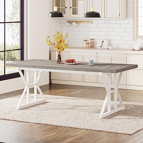 Tribesigns Farmhouse Dining Table for 6 People, 70.8-Inch Rectangular Wood Dining Table, Rustic Kitchen Table with Heavy Duty Metal Legs for Dining Room(Grey) - color: Grey/White