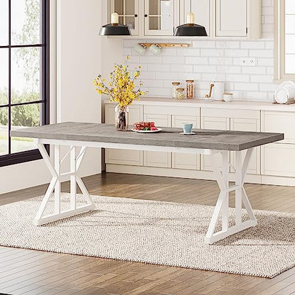 Tribesigns Farmhouse Dining Table for 6 People, 70.8-Inch Rectangular Wood Dining Table, Rustic Kitchen Table with Heavy Duty Metal Legs for Dining Room(Grey) - color: Grey/White