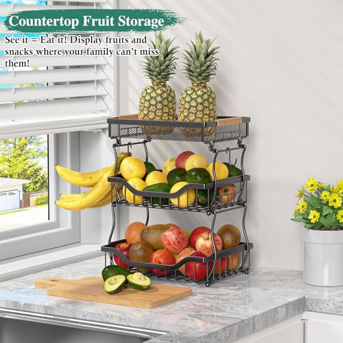OKZEST 3-Tier Fruit Basket Fits Under Standard Upper Cabinet, 17.2" Tall | 2-In-1 Wall Mount & Countertop. Ultra-Fine Mesh Top Basket & Banana Hangers, Holds Potato, Onion, Bread, Snack, Fruit, Veggie - size: 3-Tier (Top basket with ultra-fine mesh)